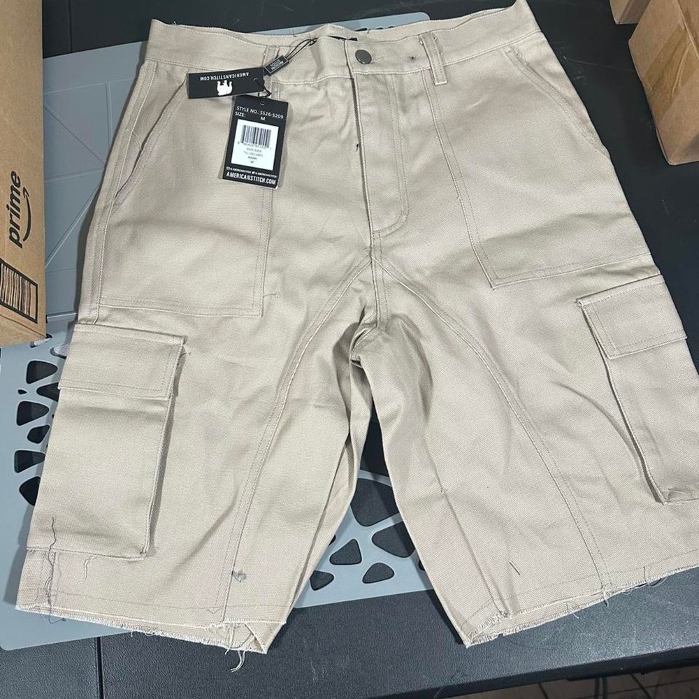 American Stitch Mens Twill Cargo Shorts Khaki Raw Hem SS26-S209 Size M